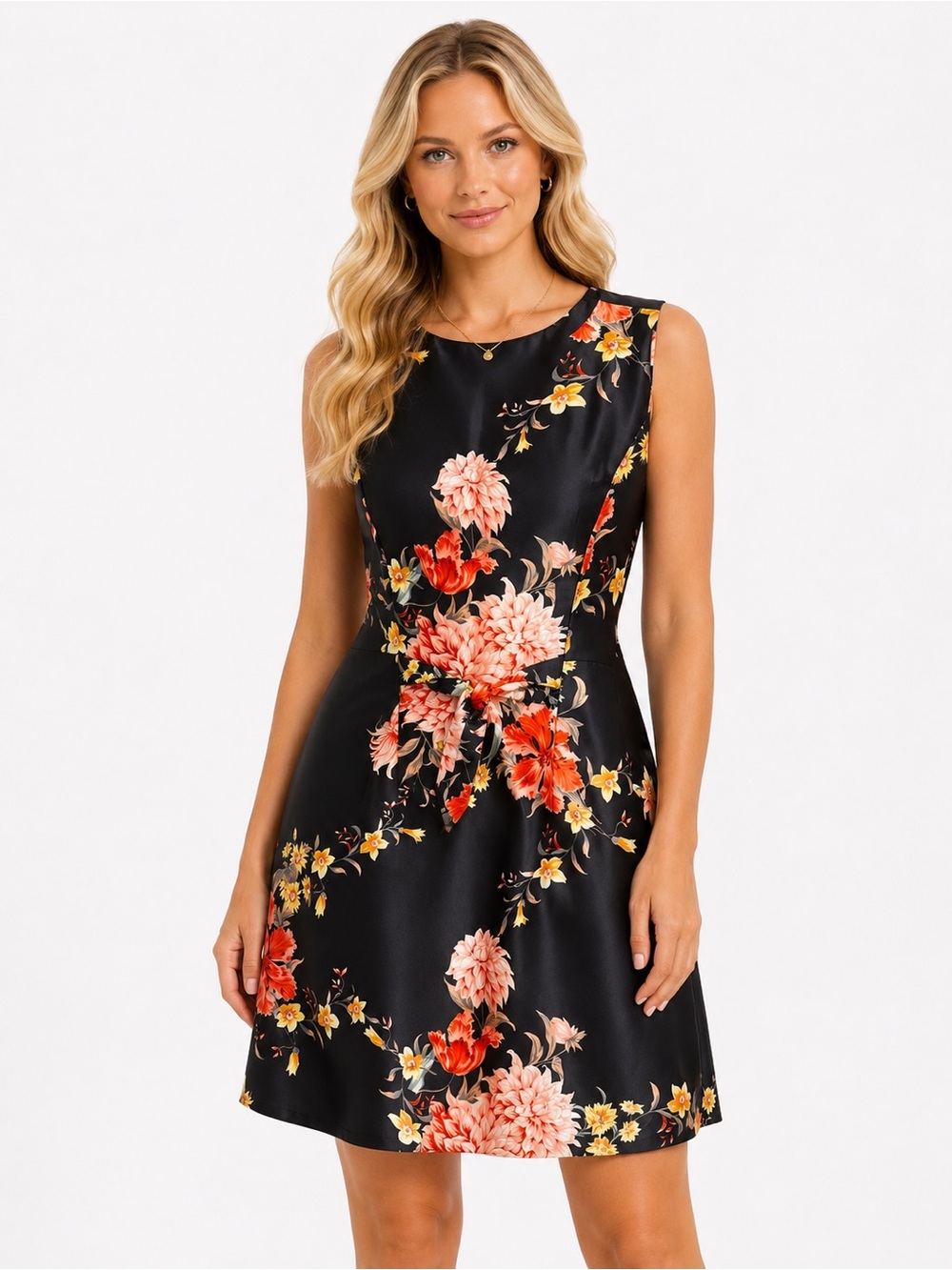 Firori di Zucca Silk Size 10 Sleeveless Black Floral A-Line Dress‎ Garden Print